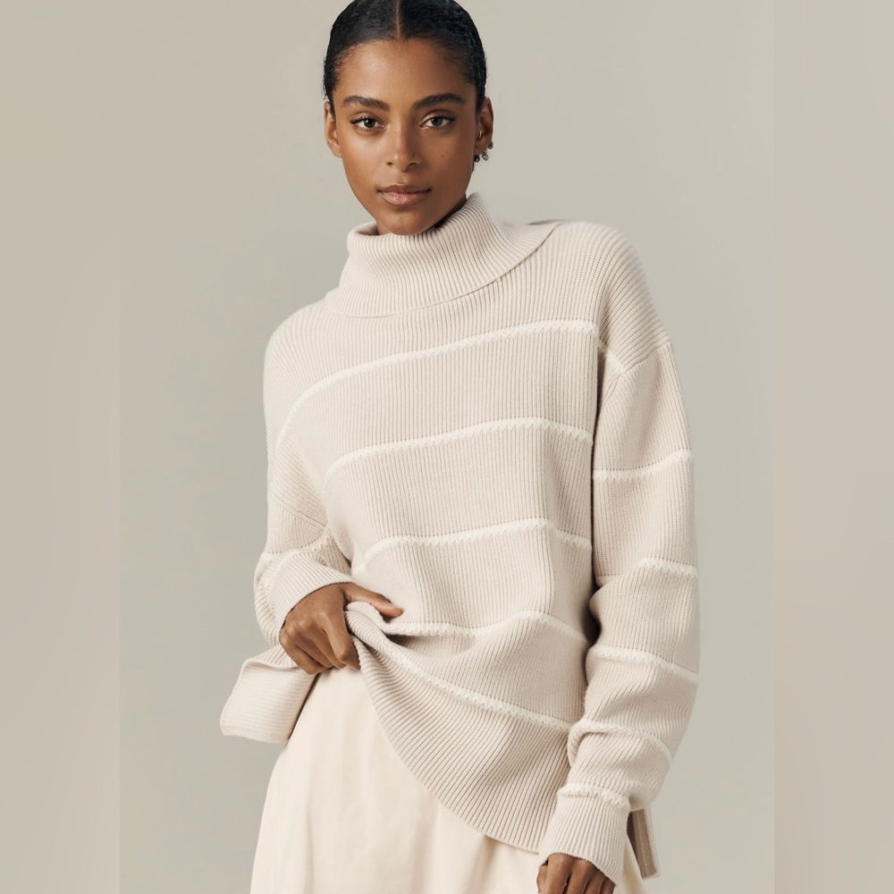Varley Ribbed Turtleneck Sweater in Cream Stripe